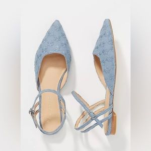 Anthropologie Rosalie Slingback Flats Blue Floral Embroidered